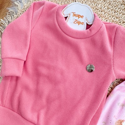Conj. Blusa em Malha Cotele e Calça em Plush Esquila - Rosa